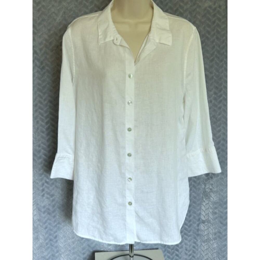 Womens No Iron Linen Blouse by Chicos Pure White size L Coastal Resort Cruise